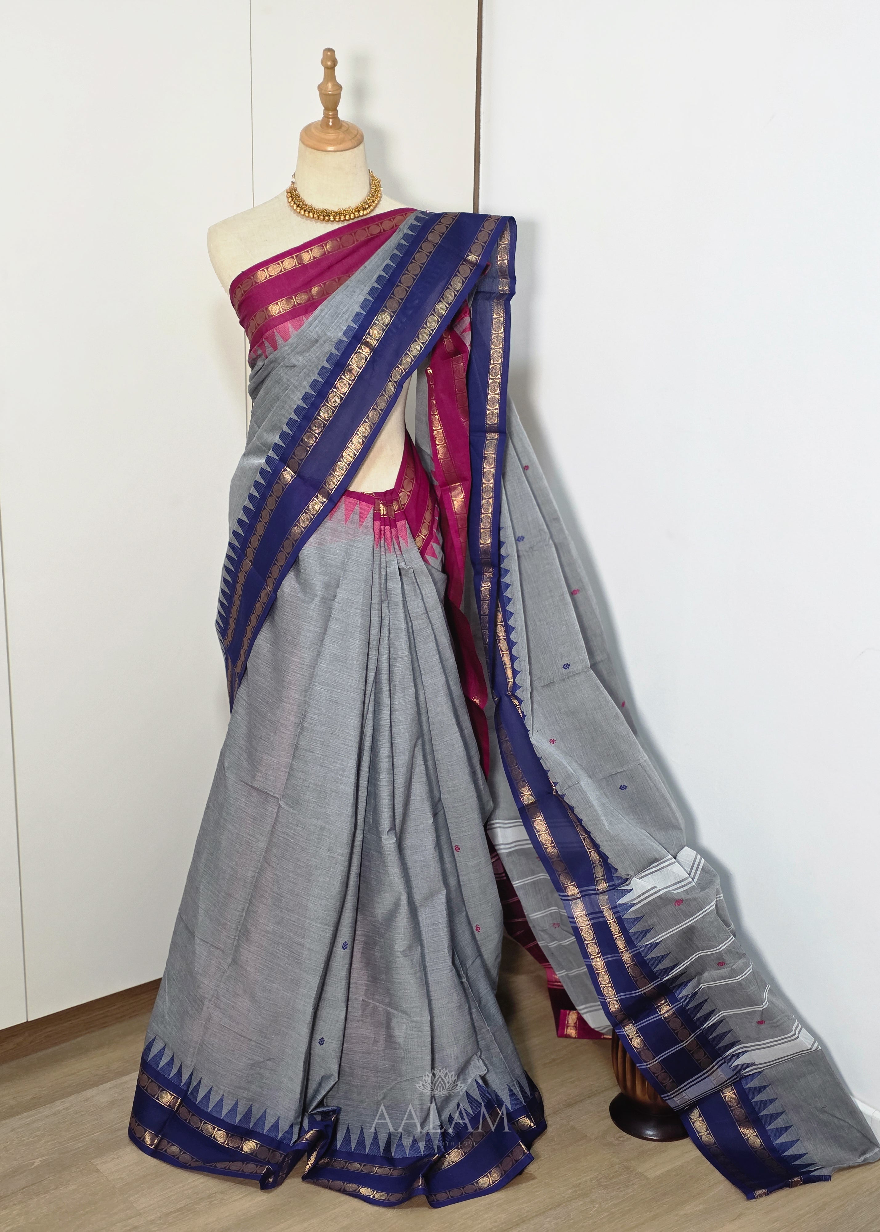 Gray Cotton Saree with Red and Navy Blue Dual Border