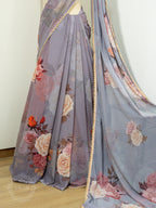 Georgette Pearl Lace Floral Saree - Ash Purple