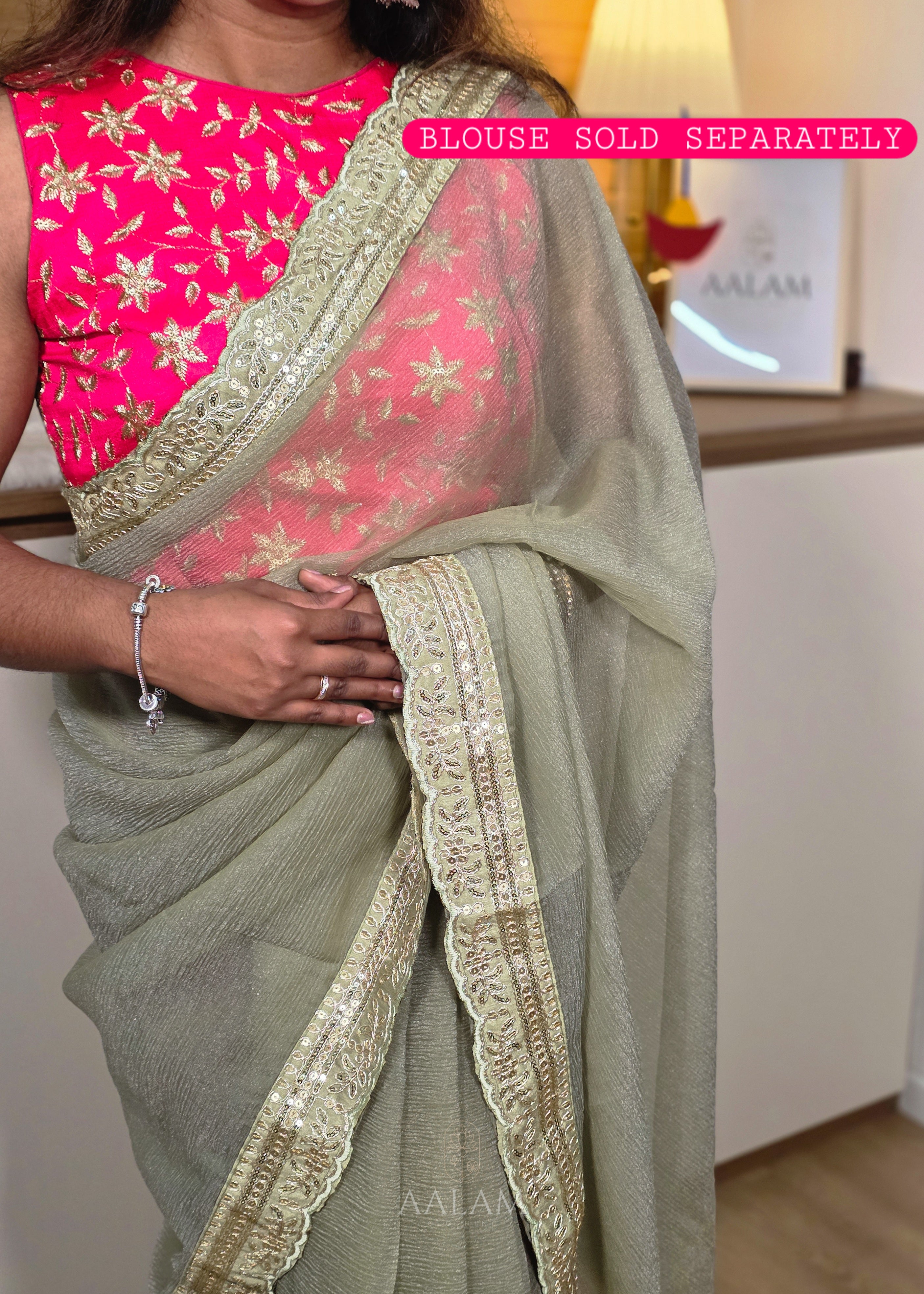 Crushed Saree - Sage green