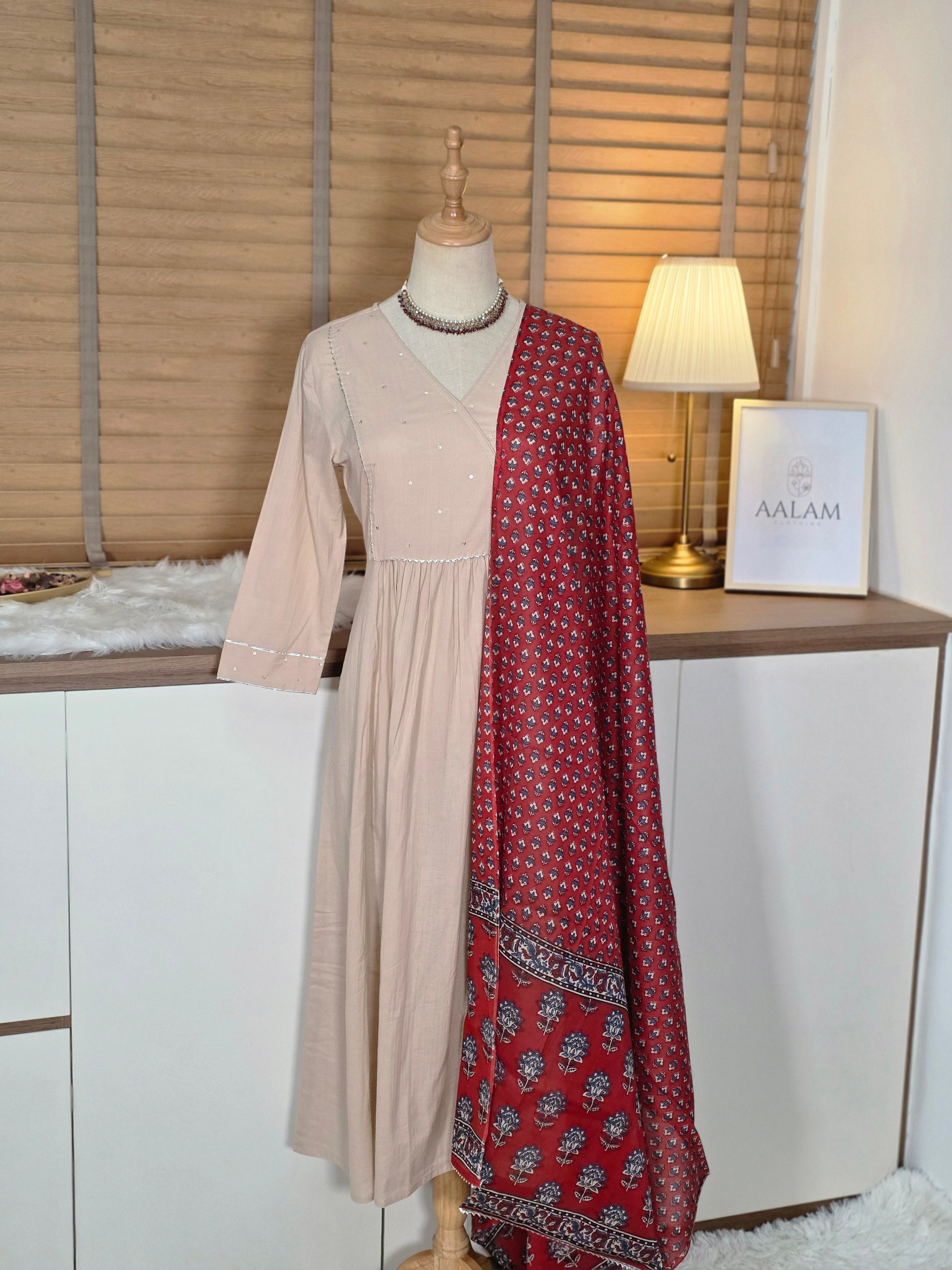 Beige Pure Cotton Floral Printed A-line Kurta Set