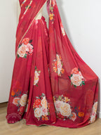 Georgette Pearl Lace Floral Saree - Magenta red
