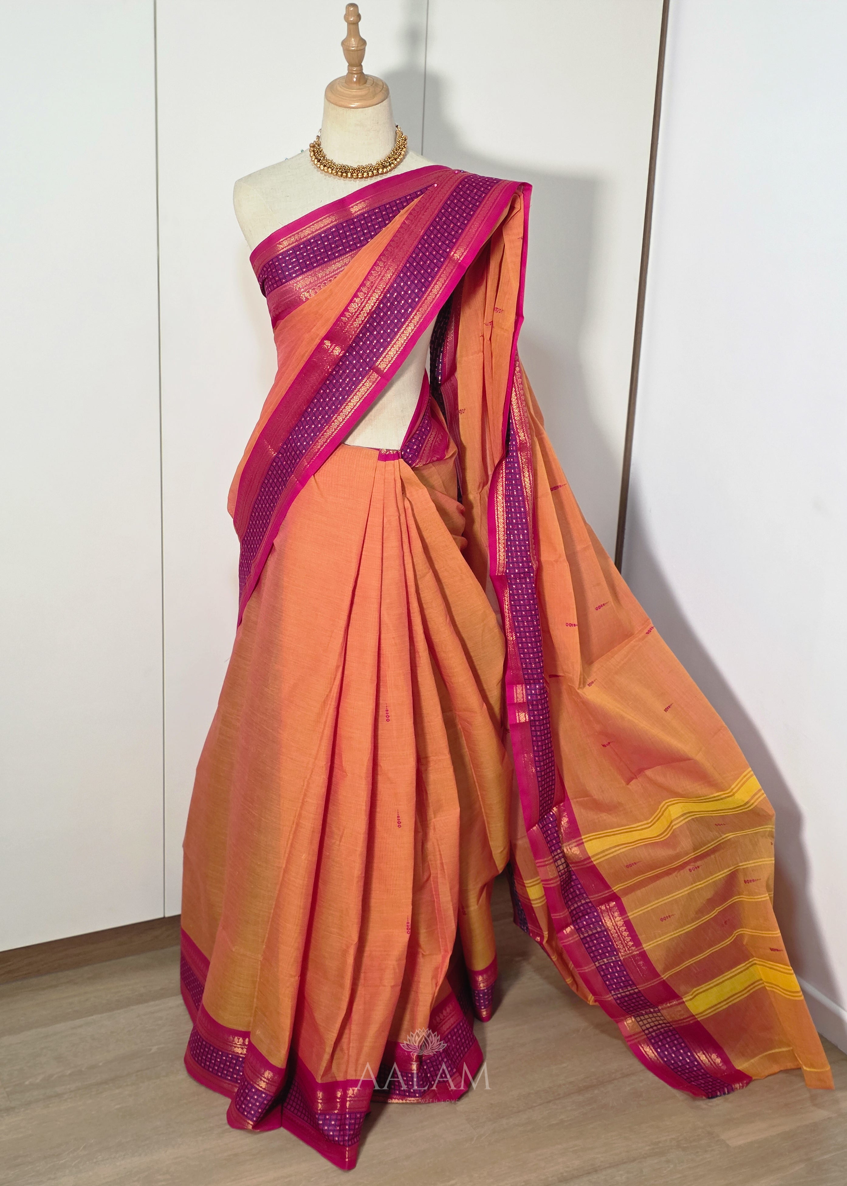 Orange Cotton Saree with Pink and Purple Border