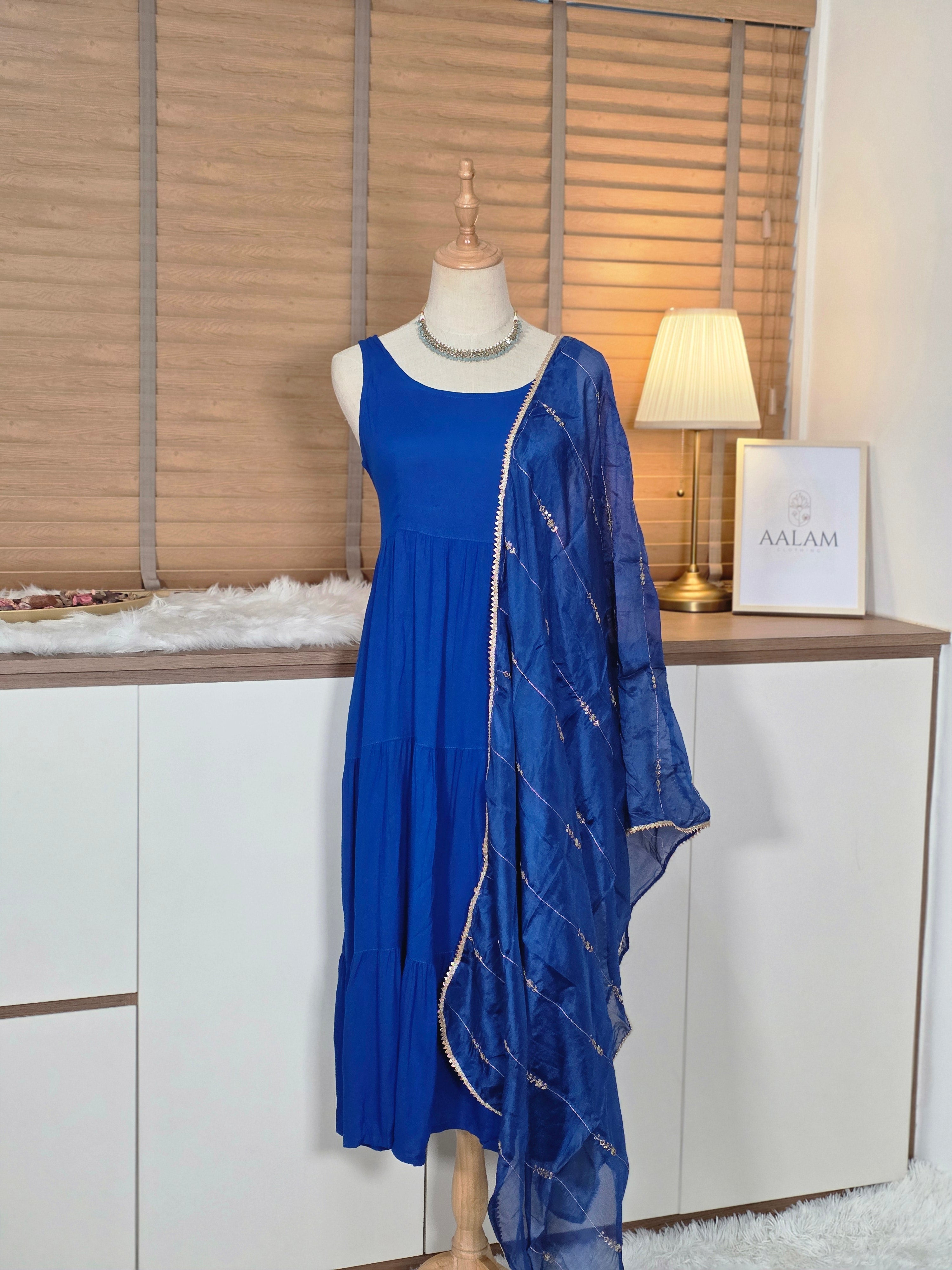Blue Rayon Solid Kurta Set