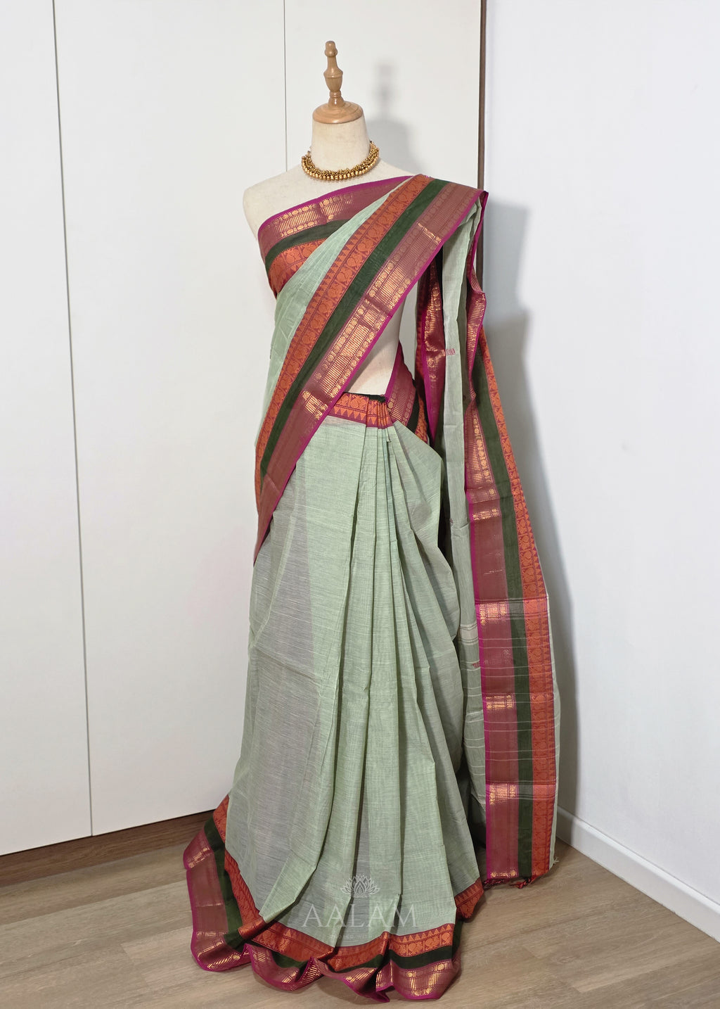 Sage Green Cotton Saree with Olive Green and Pink Border