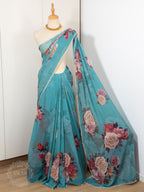Georgette Pearl Lace Floral Saree - Sea Green