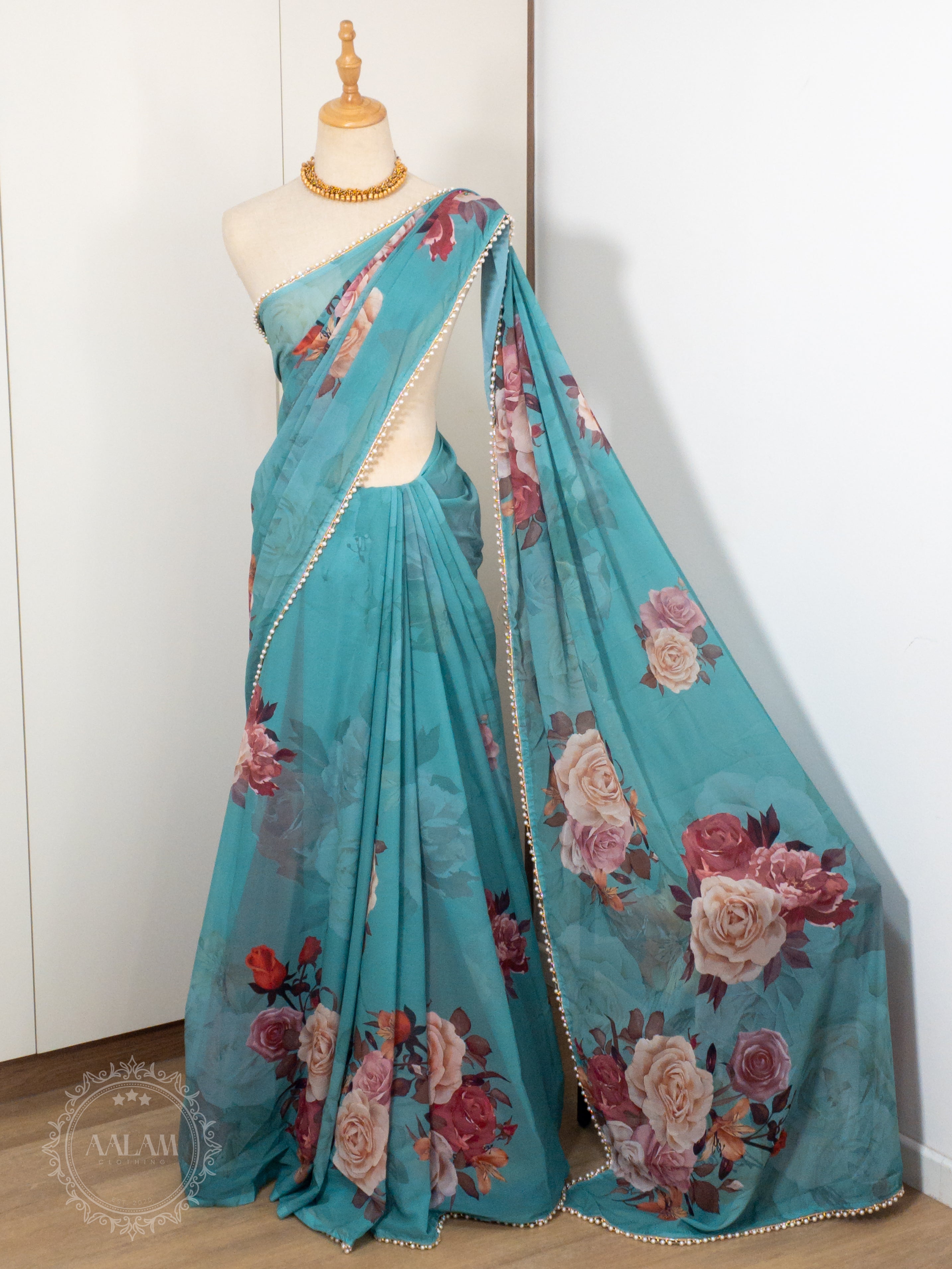 Georgette Pearl Lace Floral Saree - Sea Green