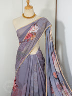 Georgette Pearl Lace Floral Saree - Ash Purple