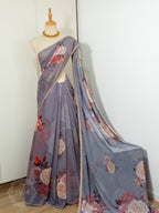 Georgette Pearl Lace Floral Saree - Ash Purple