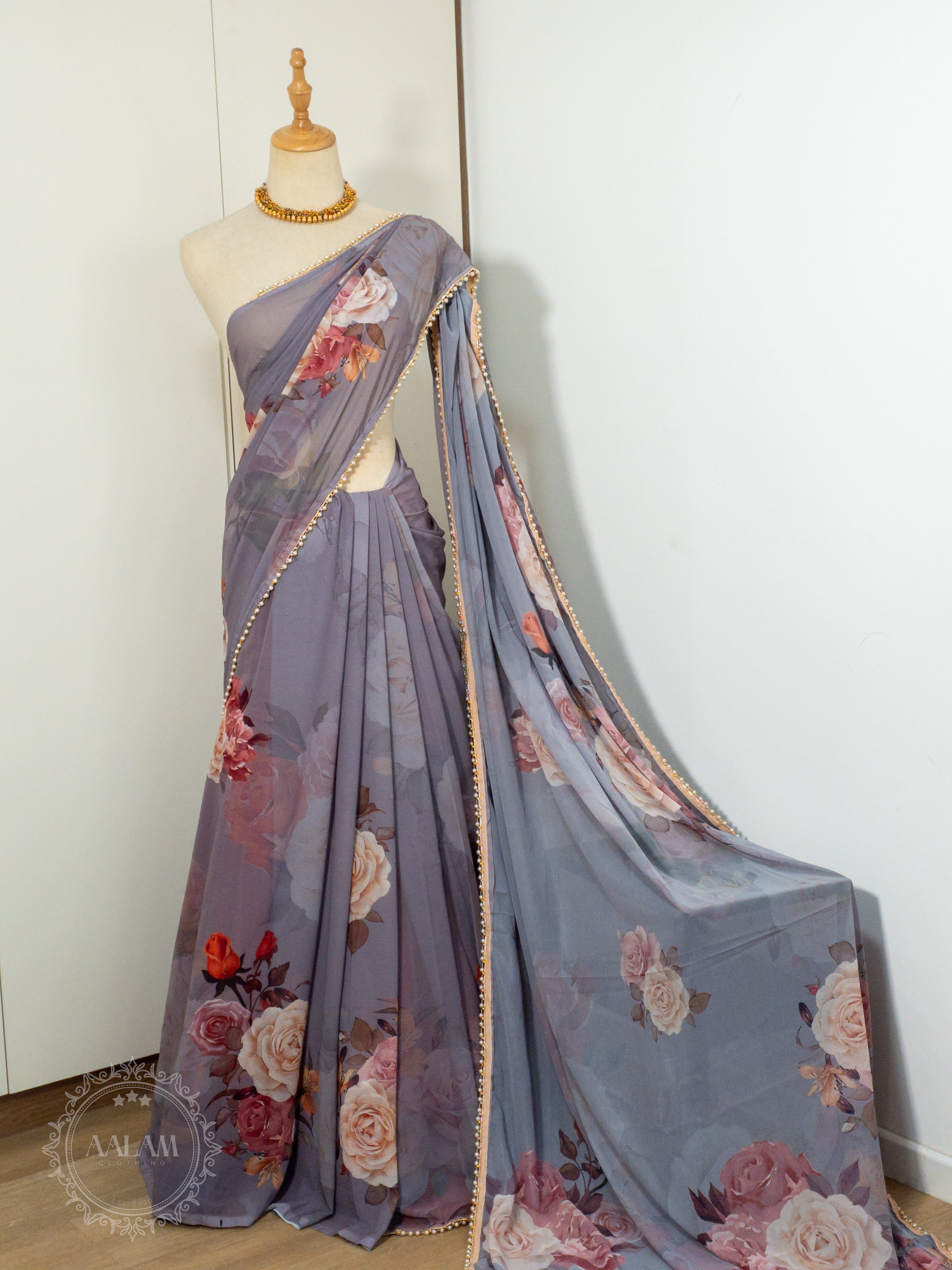 Georgette Pearl Lace Floral Saree - Ash Purple