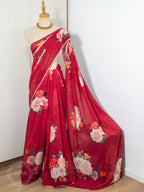Georgette Pearl Lace Floral Saree - Magenta red