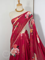 Georgette Pearl Lace Floral Saree - Magenta red