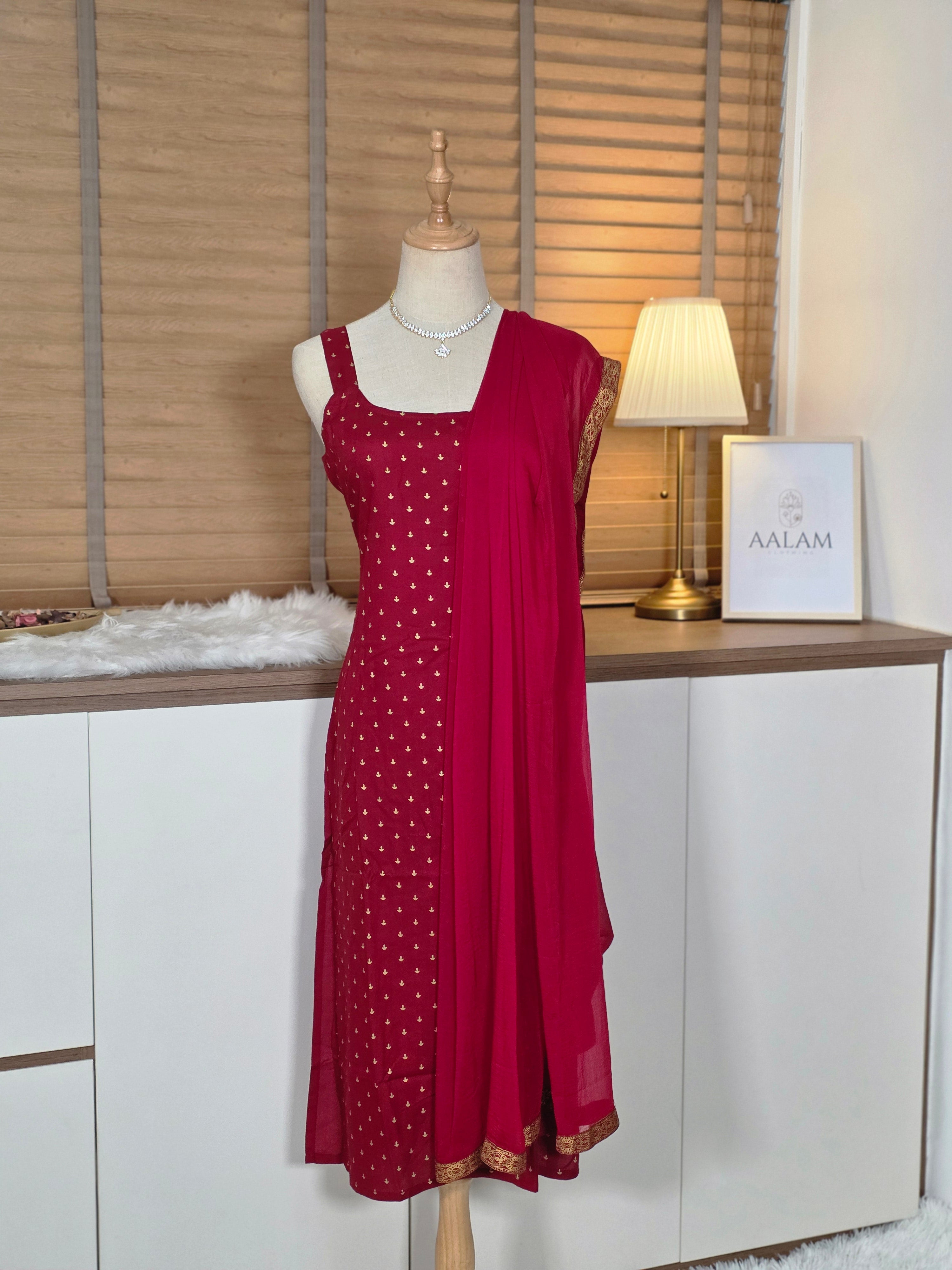 Maroon Rayon Foil Printed Straight Kurta Set