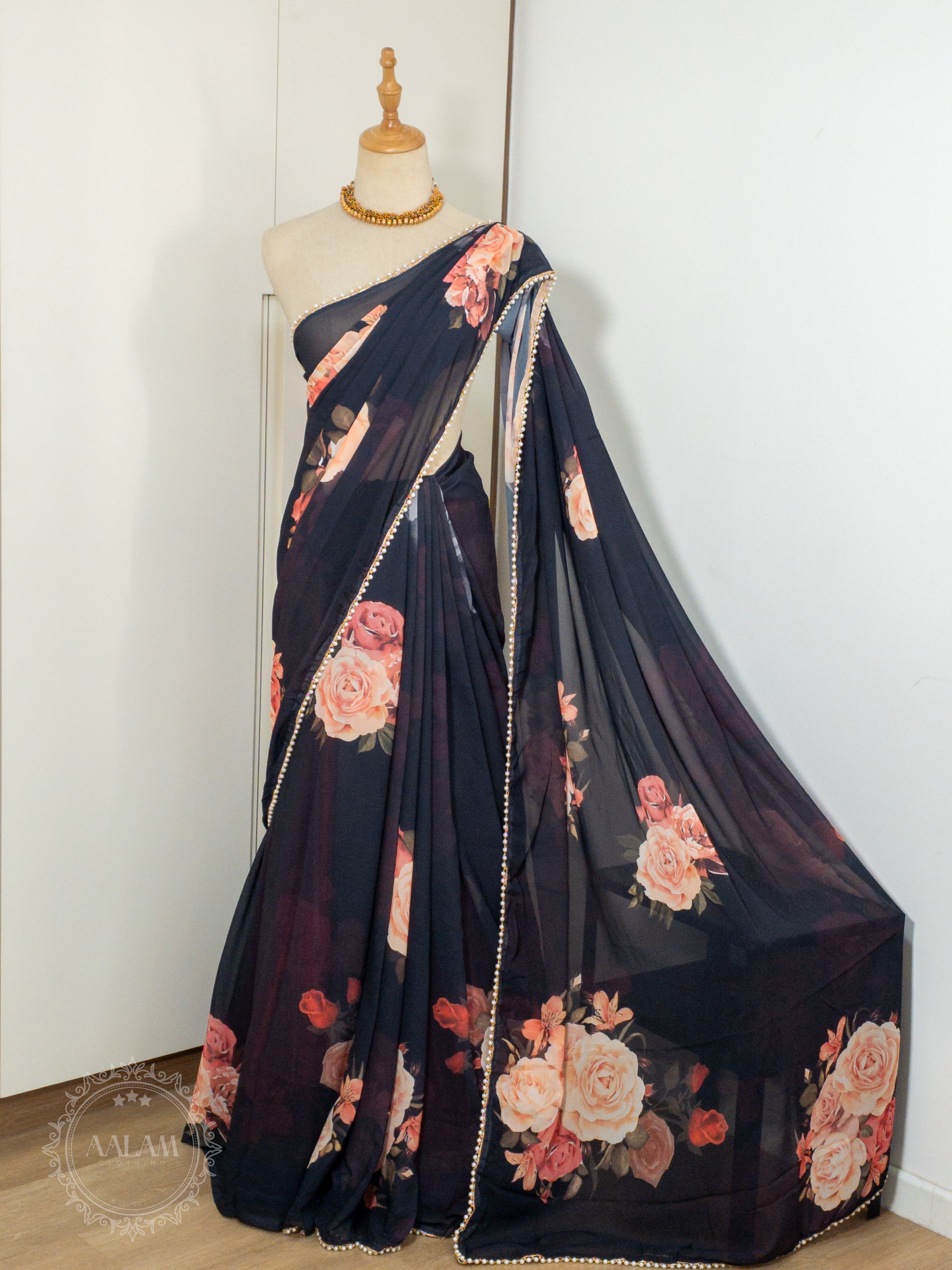 Georgette Pearl Lace Floral Saree - Black