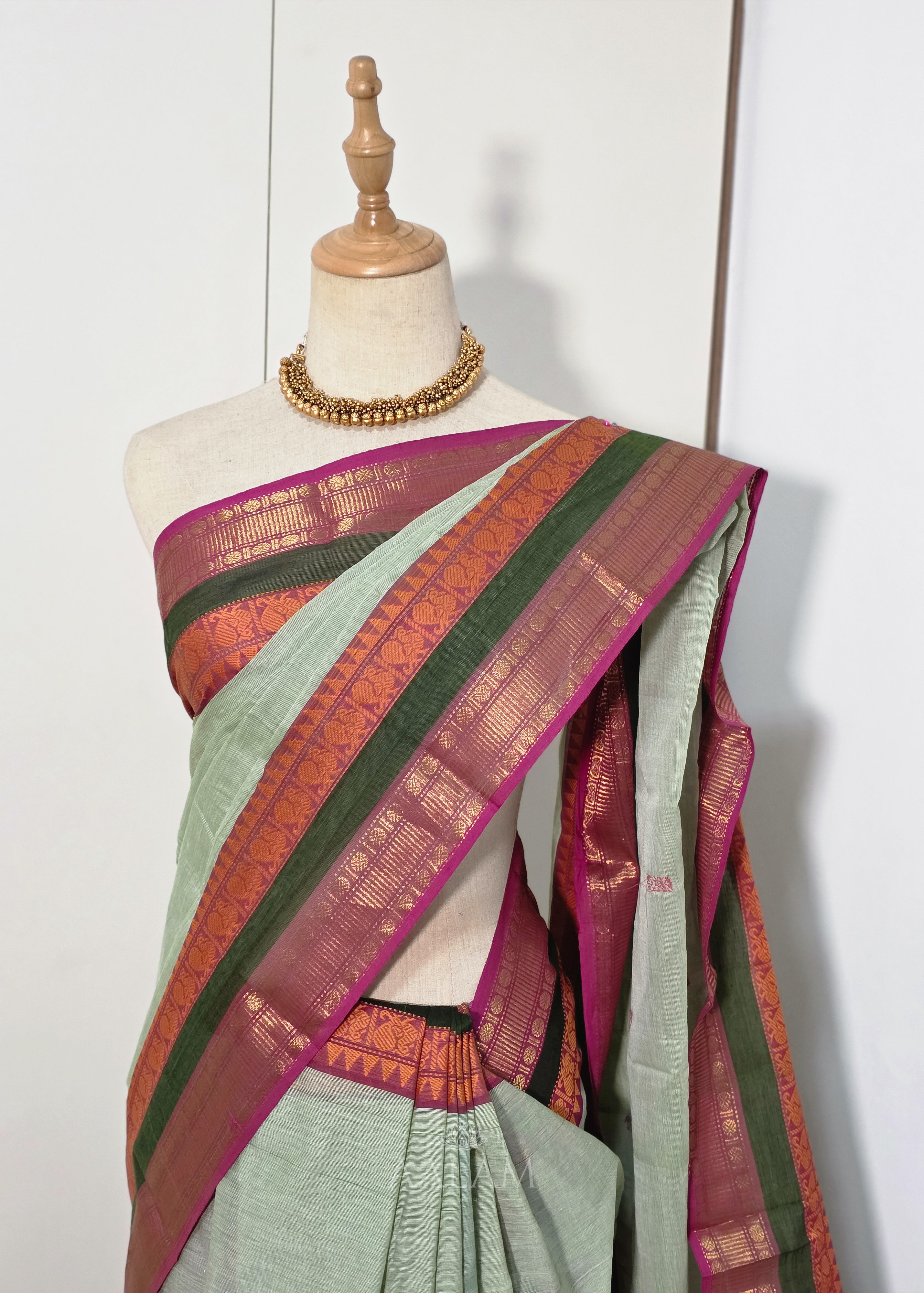 Sage Green Cotton Saree with Olive Green and Pink Border