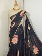 Georgette Pearl Lace Floral Saree - Black