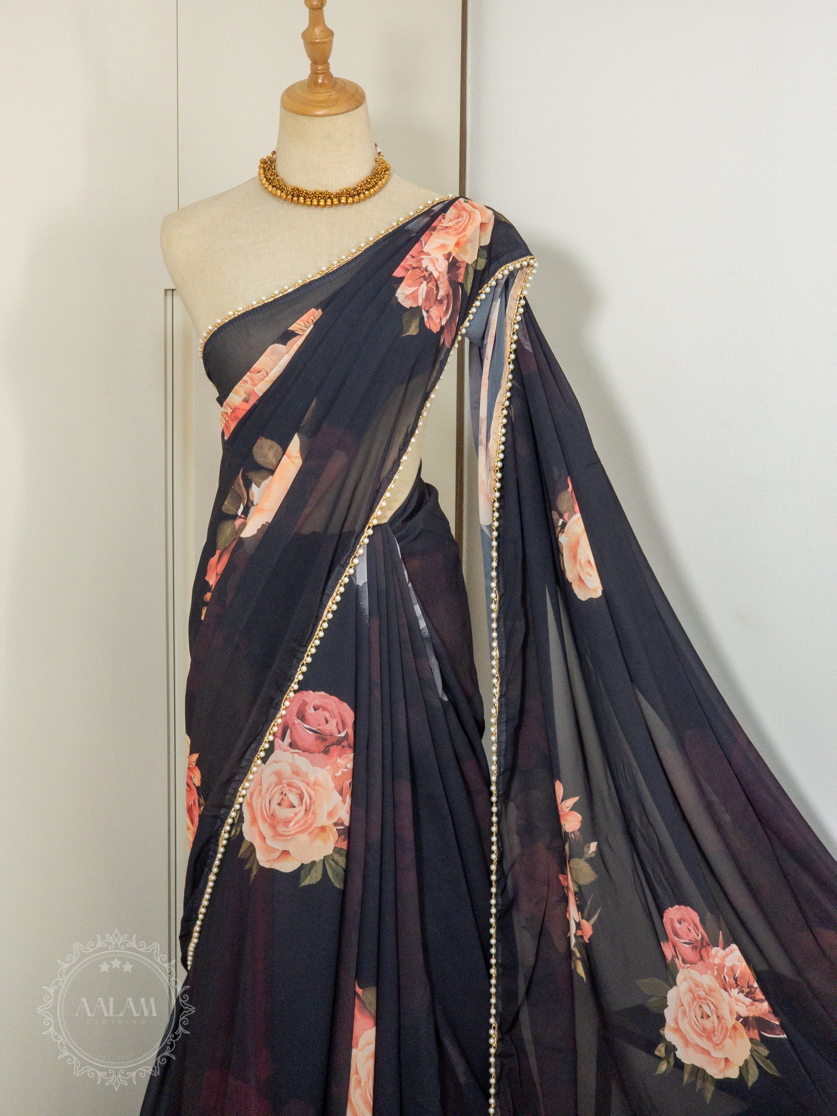 Georgette Pearl Lace Floral Saree - Black