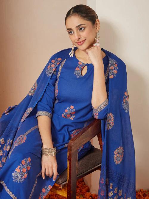 Royal Blue Rayon Gold Floral Printed Straight Kurta Set