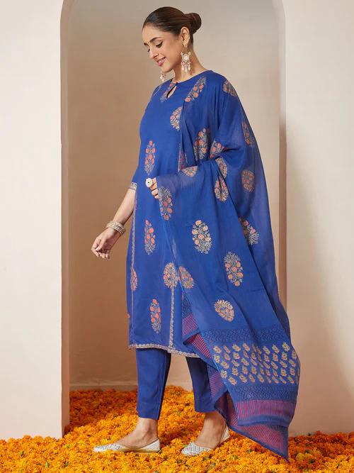 Royal Blue Rayon Gold Floral Printed Straight Kurta Set