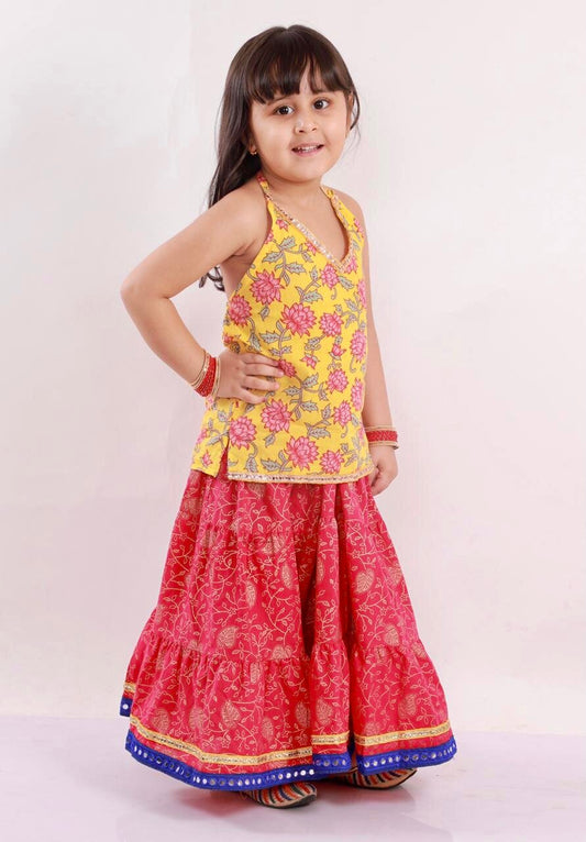 Halter Neck Top with Ethnic Skirt - Pink/Yellow