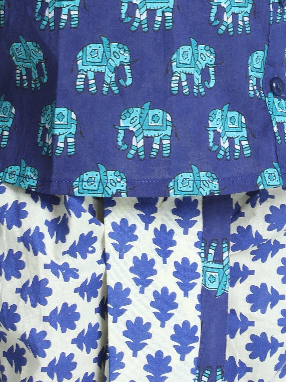 Elephant Printed Cotton Dhoti Kurta- Blue - AALAM