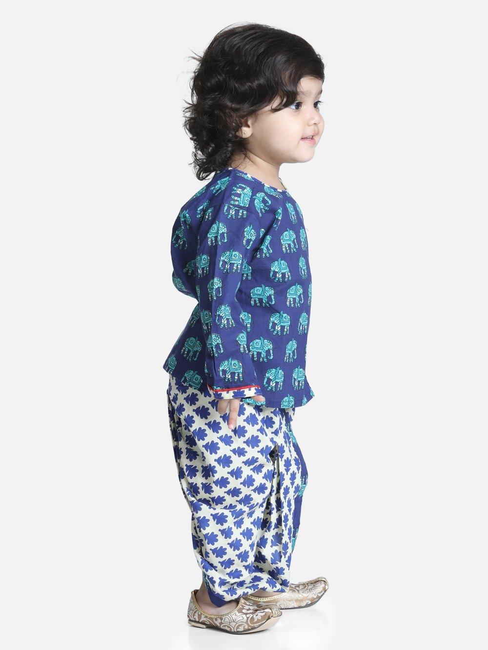 Elephant Printed Cotton Dhoti Kurta- Blue - AALAM