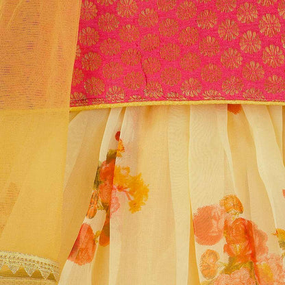 Sara Jaquard Choli With Floral Organza Lehenga - Pink & Yellow