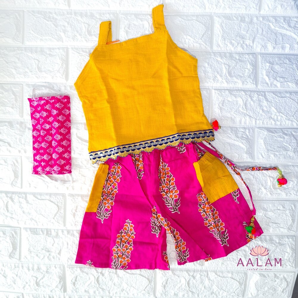 Strappy Top With Pocket Palazzo Pants - Yellow/Pink