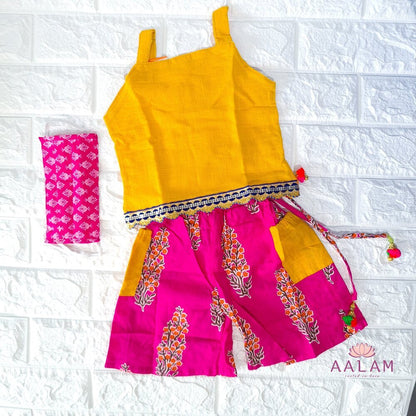 Strappy Top With Pocket Palazzo Pants - Yellow/Pink