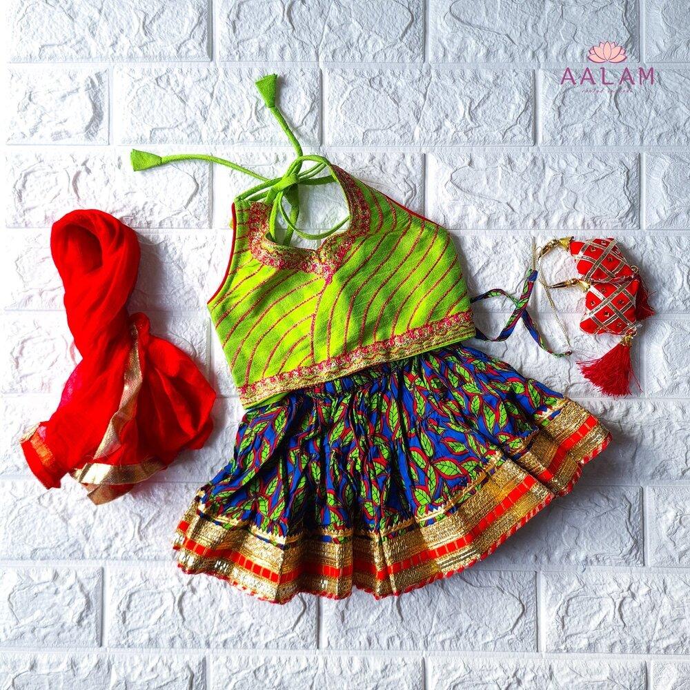 Embroidered Lehanga Choli with Dupatta set - Red/Green - AALAM