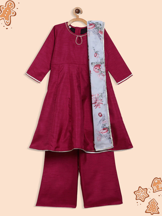 Magenta Anarkali Set with Grey Floral Dupatta (Kid)