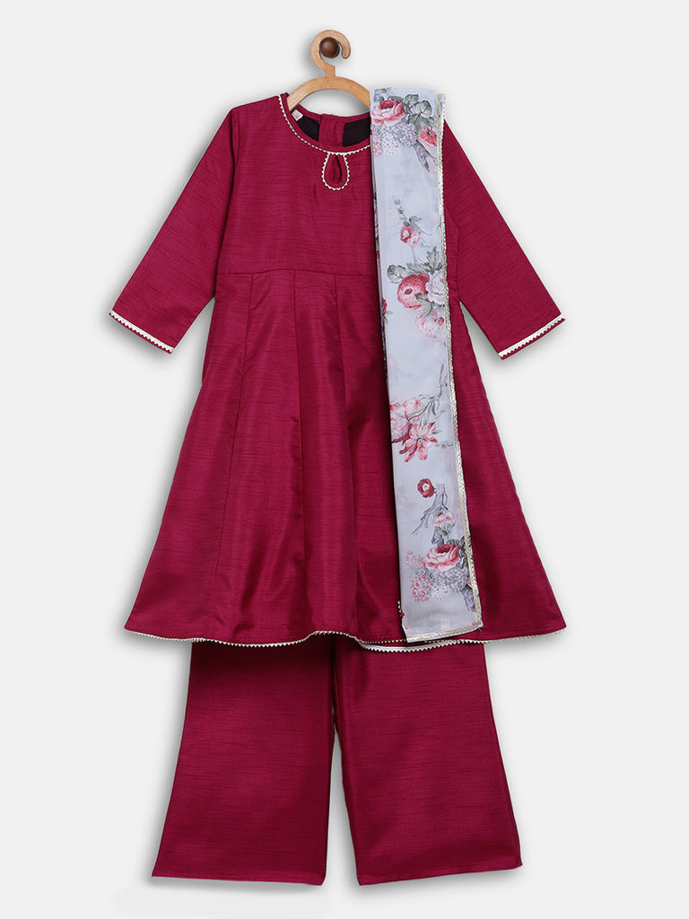 Magenta Anarkali Set with Grey Floral Dupatta (Kid)