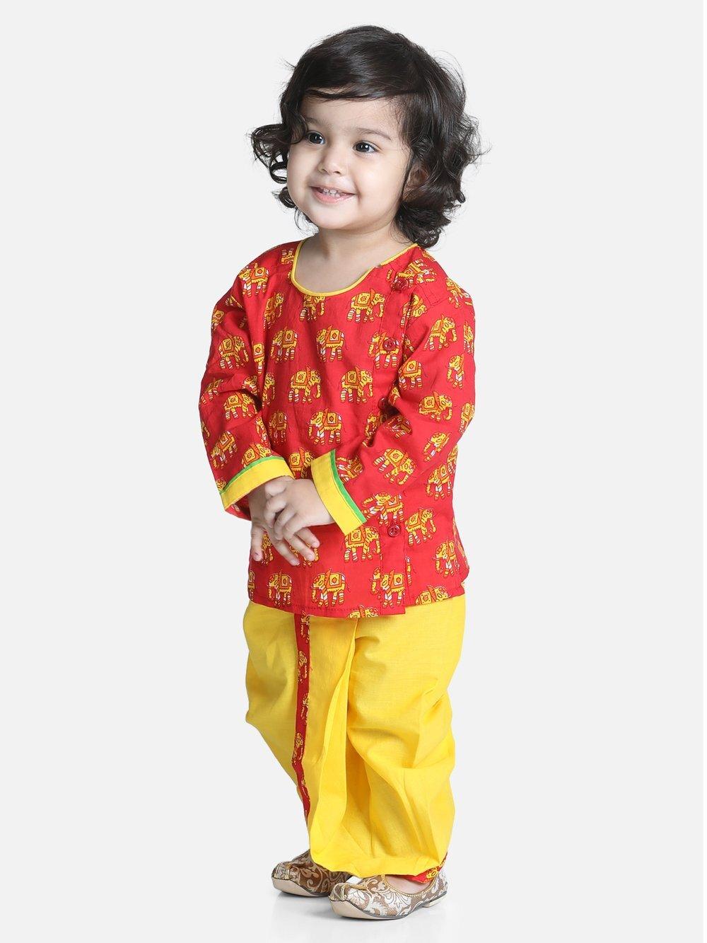 Elephant Printed Cotton Dhoti Kurta - Red/Yellow - AALAM