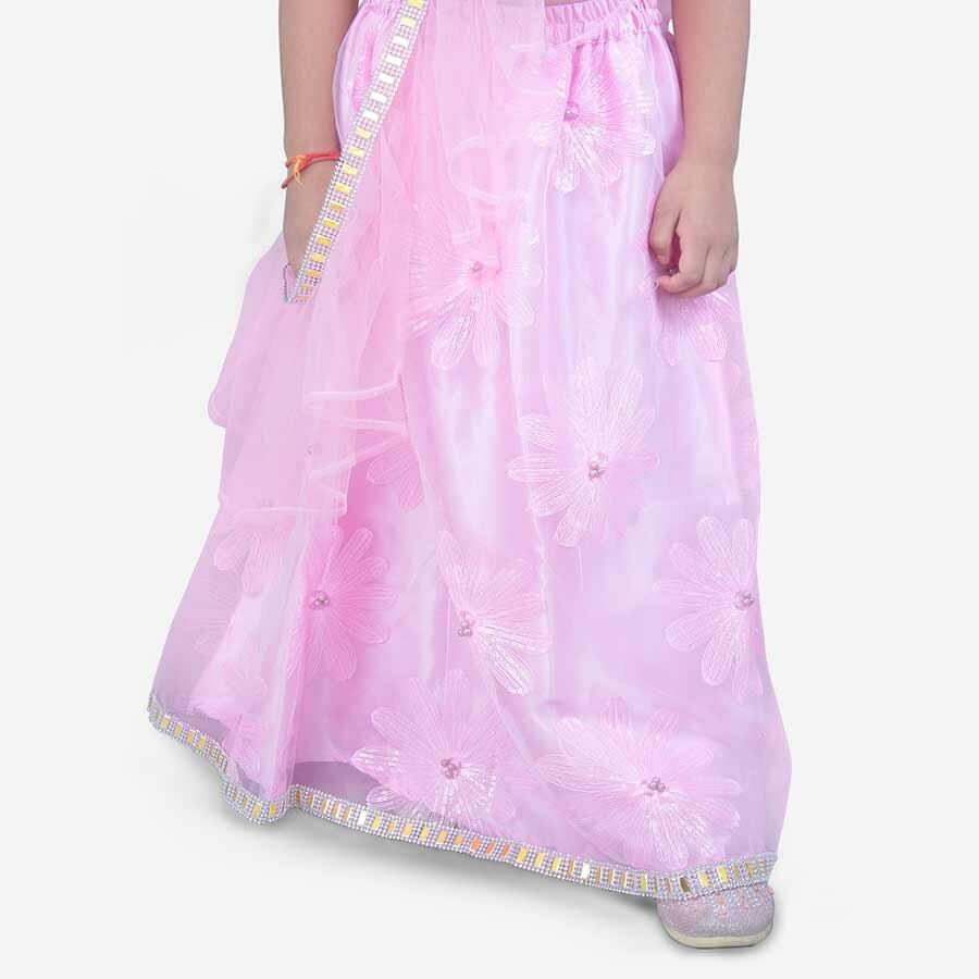 Flower Lehenga Choli with Cross Dupatta - Baby Pink - AALAM