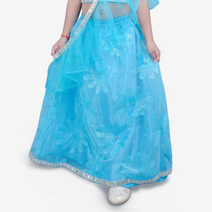 Flower Lehenga Choli with Cross Dupatta - Light Blue - AALAM