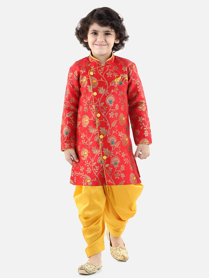 Jacquard Sherwani - Red/Yellow