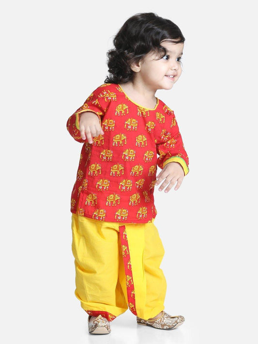 Elephant Printed Cotton Dhoti Kurta - Red/Yellow - AALAM