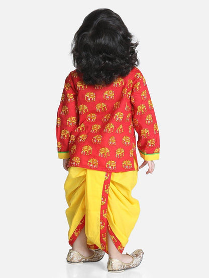 Elephant Printed Cotton Dhoti Kurta - Red/Yellow - AALAM