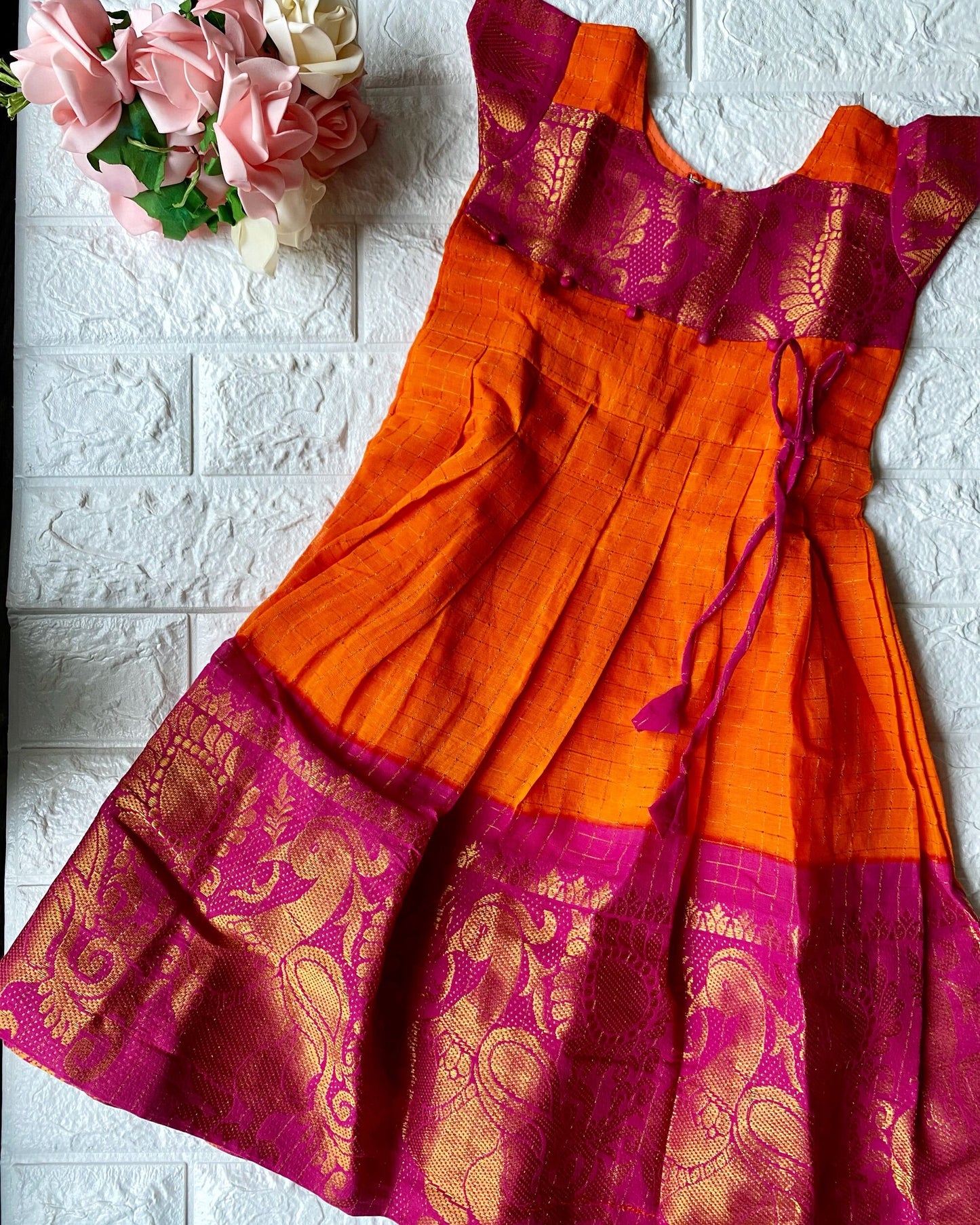 Orange Madurai Sungudi Dress with Pink Border