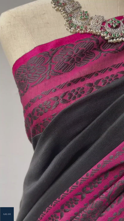 Handloom Mercerized Cotton Saree – Black & Pink