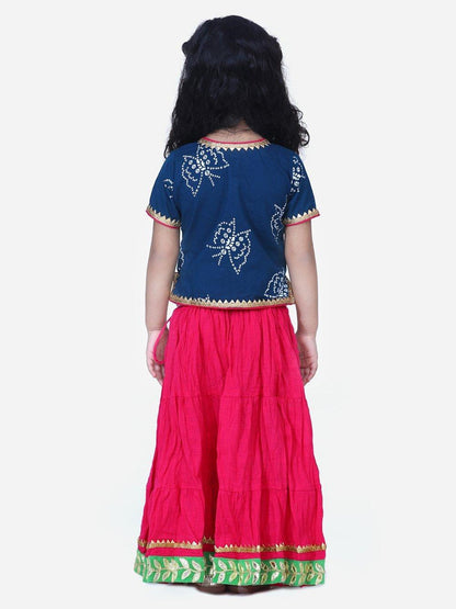 Block Print Lehenga Choli Set - Blue/Rani - AALAM