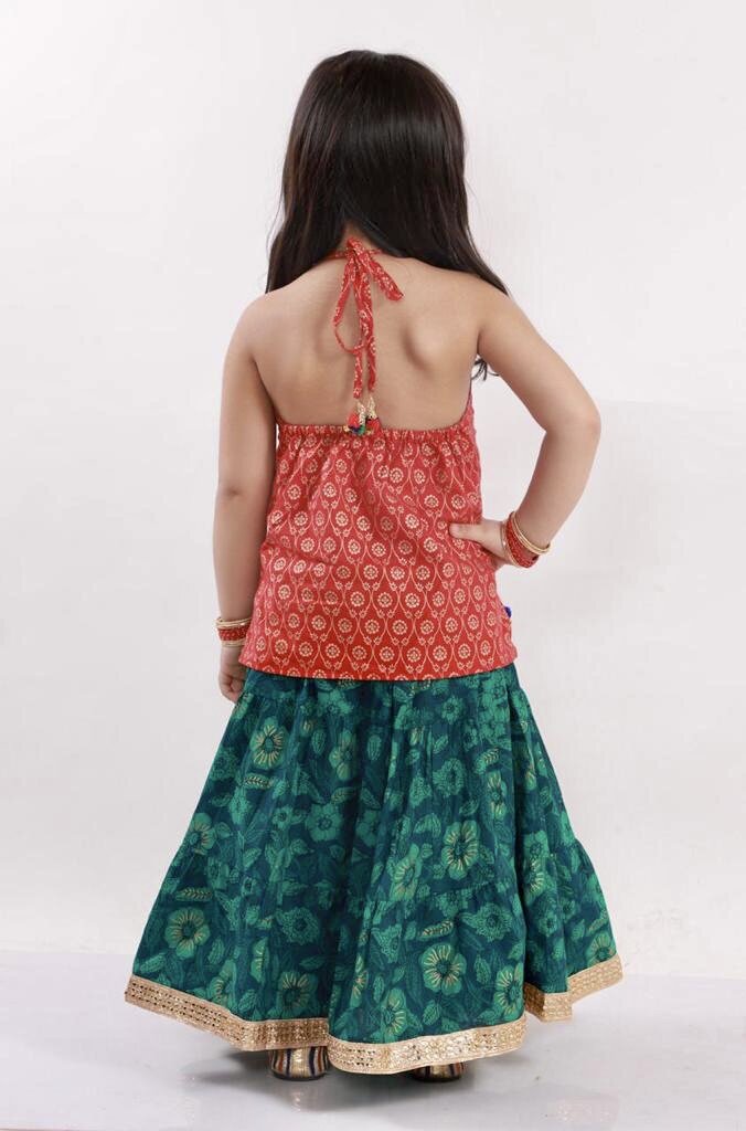 Halter Neck Top with Ethnic Skirt - Red/Green