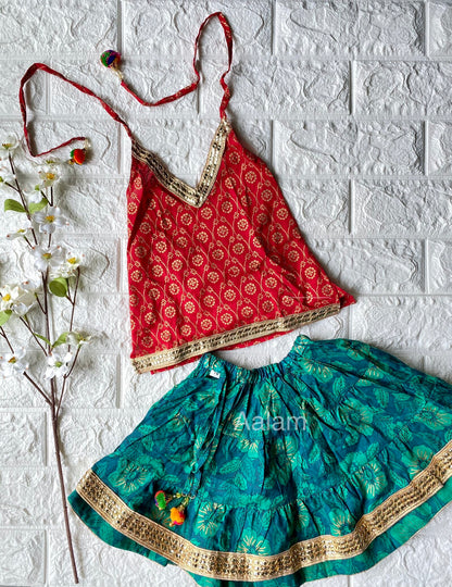 Halter Neck Top with Ethnic Skirt - Red/Green