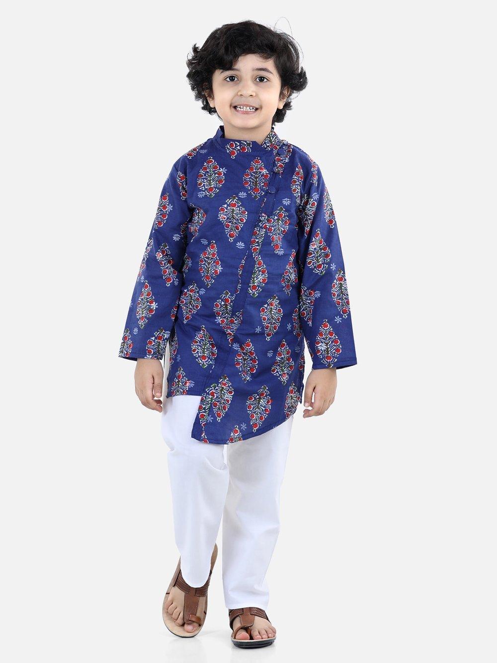 Asymmetric Printed Kurta Pyjama - Indigo - AALAM