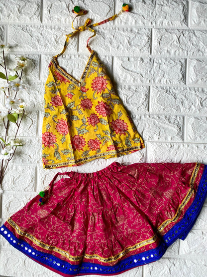 Halter Neck Top with Ethnic Skirt - Pink/Yellow