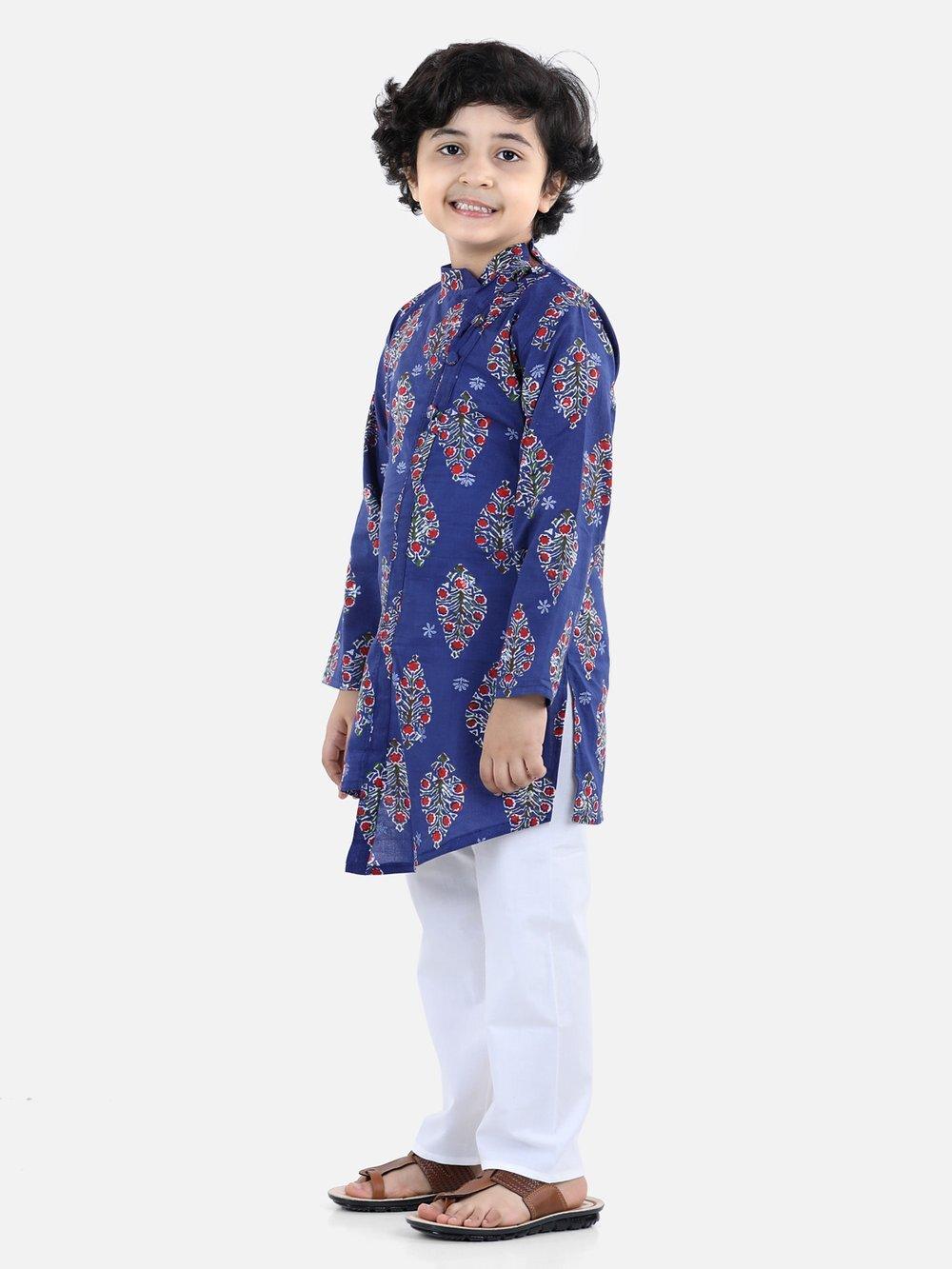 Asymmetric Printed Kurta Pyjama - Indigo - AALAM