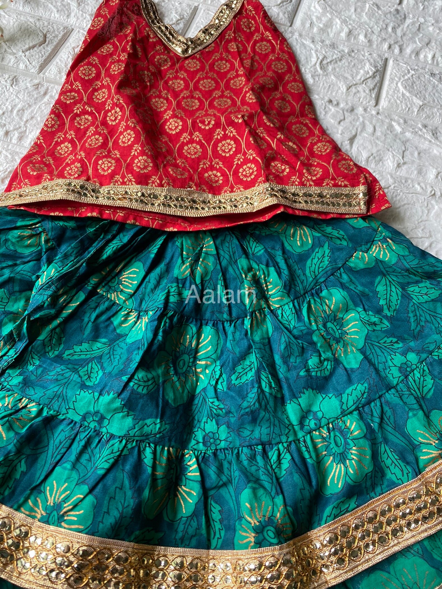 Halter Neck Top with Ethnic Skirt - Red/Green