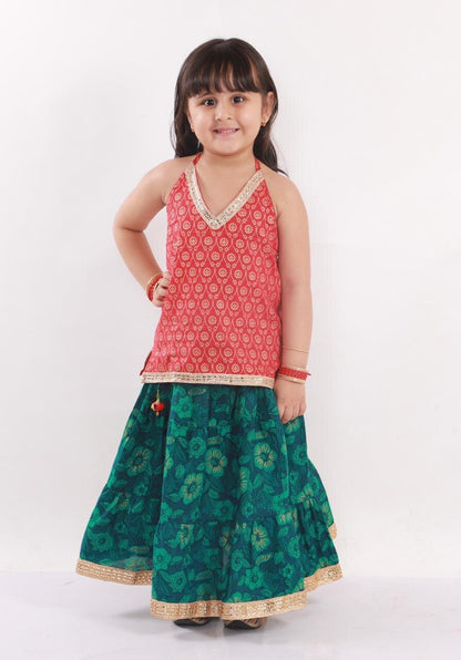 Halter Neck Top with Ethnic Skirt - Red/Green