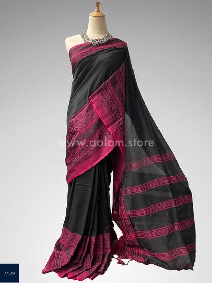 Handloom Mercerized Cotton Saree – Black & Pink