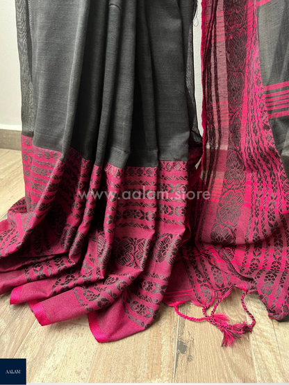 Handloom Mercerized Cotton Saree – Black & Pink