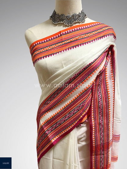 Handloom Mercerized Cotton Saree – White & Pink-Orange